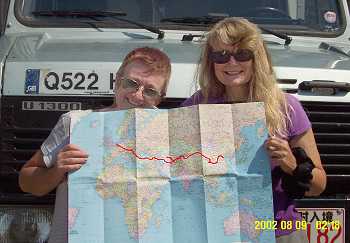 Maureen and Pat display our route in front of Mog in Beijing!