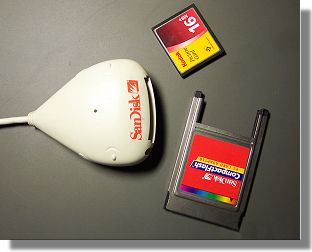 A USB CompactFlash card reader (left) and a PCMCIA CompactFlash card reader (bottom).