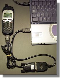 A Sony Vaio SR21K connected to a Siemens C35 GSM phone via a USB to serial adaptor.