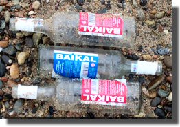 Vodka bottles by the lake.